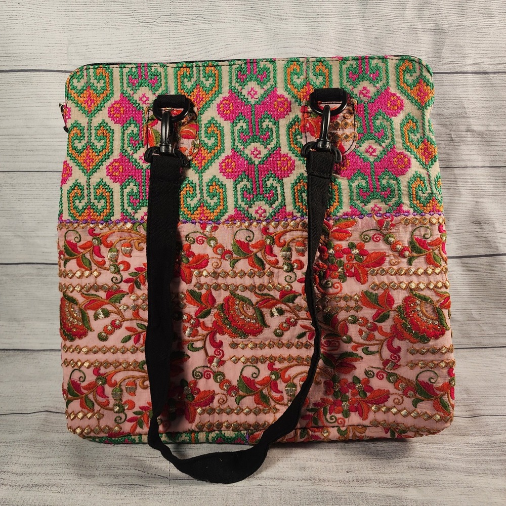 WorldFinds Kutch Embroidered Convertible Backpack Tote Pink Green Floral